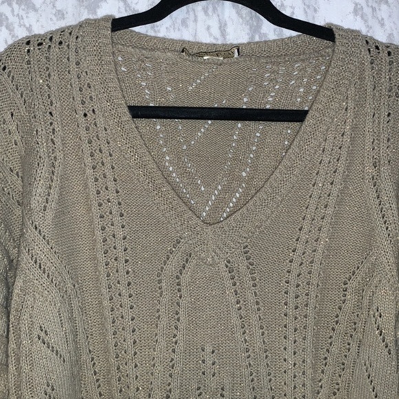Vintage Dana Scott Woven V Neck Tunic Sweater Beige with Gold Thread Size Large - Picture 3 of 9